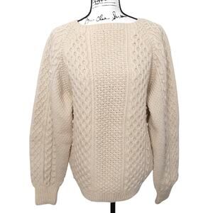 Vintage 80s Pure Irish Wool Cable Knit Bainin Sweater Handmade Aran Jumper L